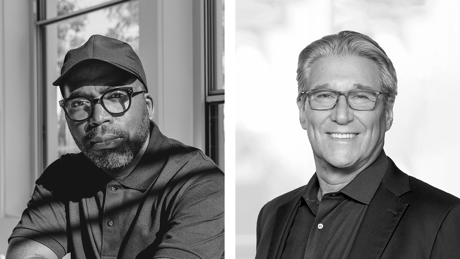 A split image featuring two men. On the left, a man with a beard, wearing round glasses and a black cap, gazes directly at the camera. The background shows sunlight filtering through a window. On the right, a smiling man with gray hair, wearing glasses and a black blazer, stands against a light background. Both images are in black and white.