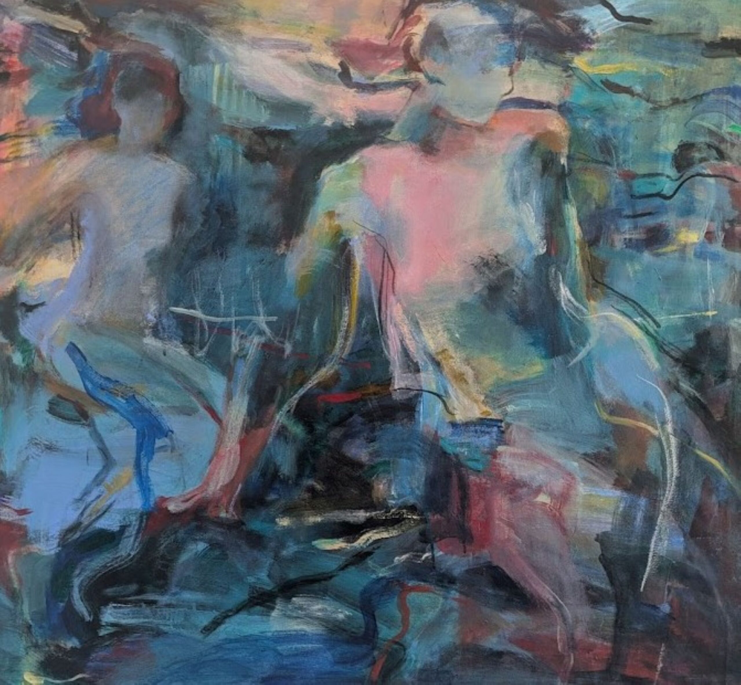 An abstract painting with loose brushwork suggesting the figures of two seated women.
