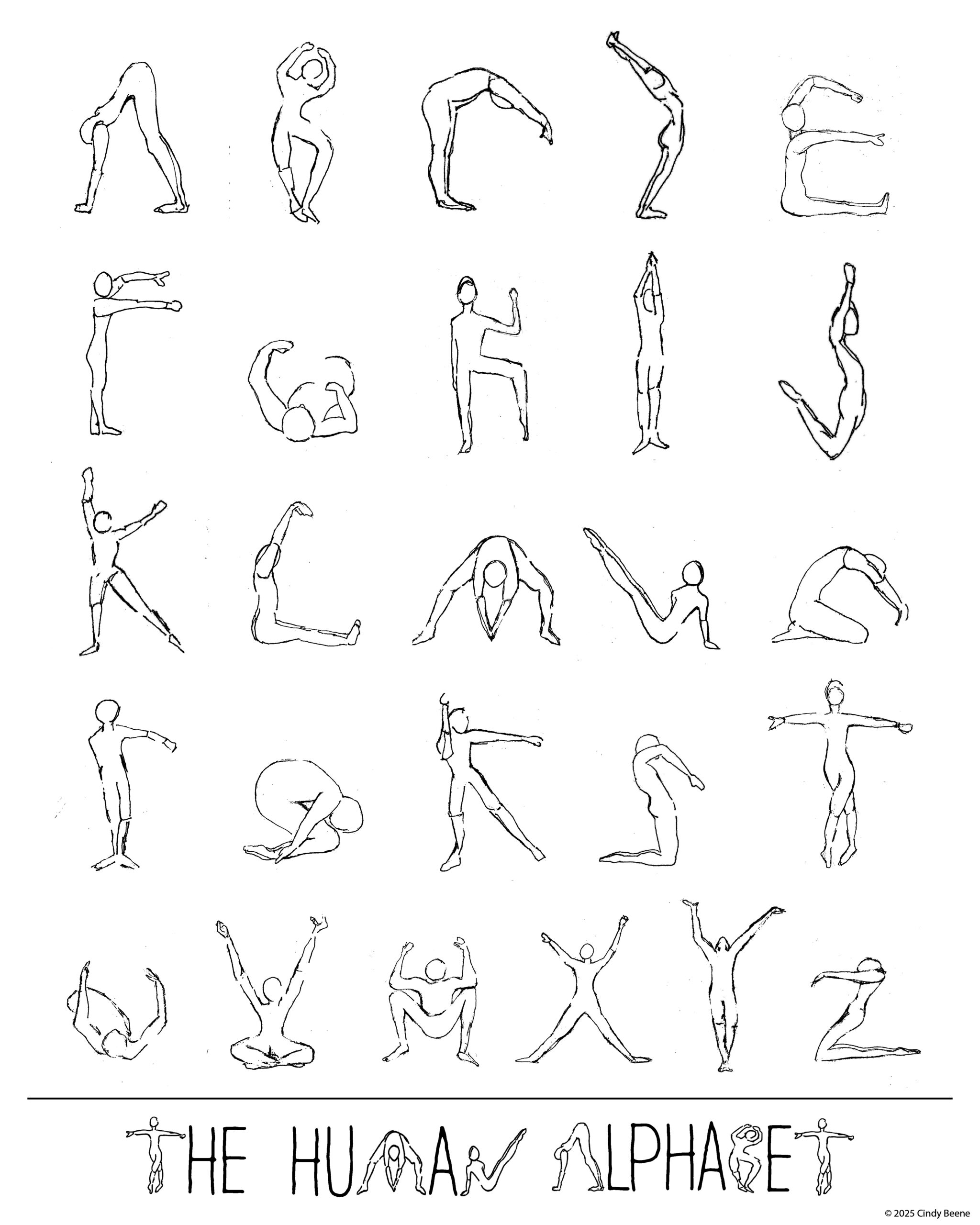 A diagram of humans posing so that their bodies form each letter of the alphabet from A to Z.