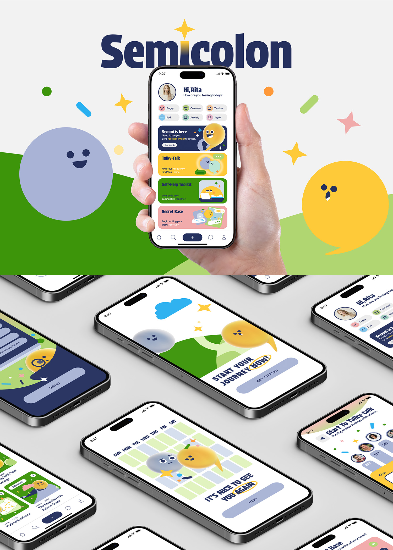 Two images showcasing the Semicolon App. In the first image, a hand holds up a smartphone on which the app is displayed. 