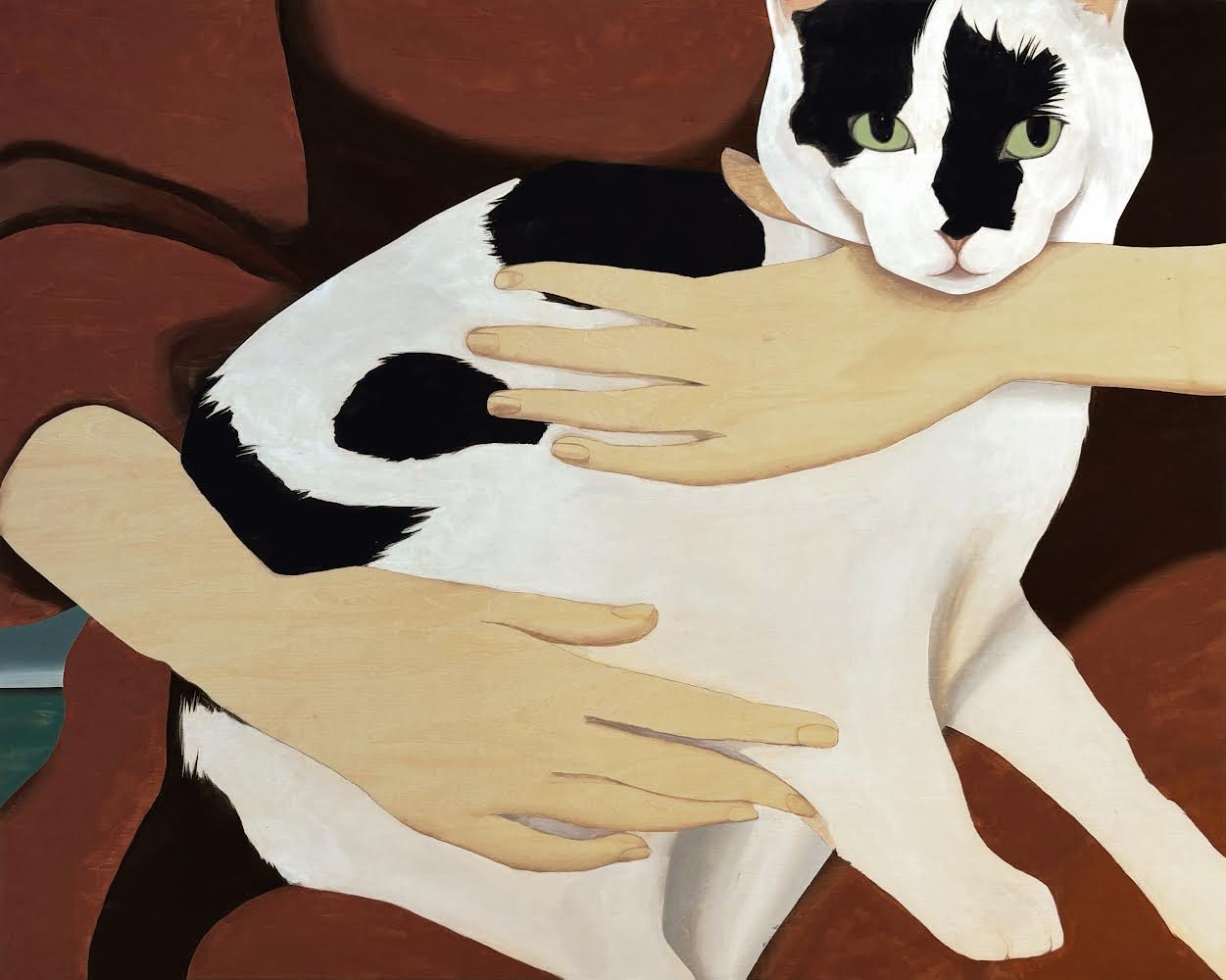 A painting of a white cat with black spots and green eyes held in the arms of an unseen figure with fair skin wearing a brown sweater or dress.