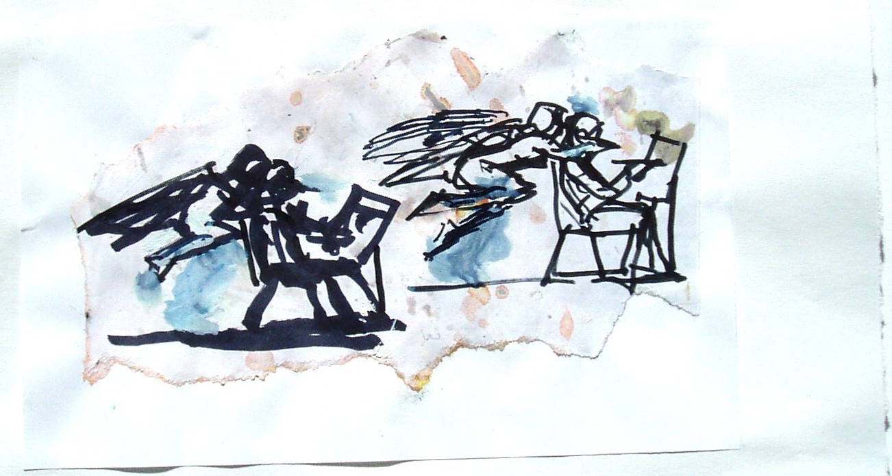 A gestural ink drawing shows two depictions of a figure seated at an easel, with an implement that could be a paintbrush in hand, as an angel hovers over the shoulders and points at the canvas. These ink drawings are rendered on a scrap of paper with jagged edges, dolloped with pale splatters of blue, peach, and muddy green ink.