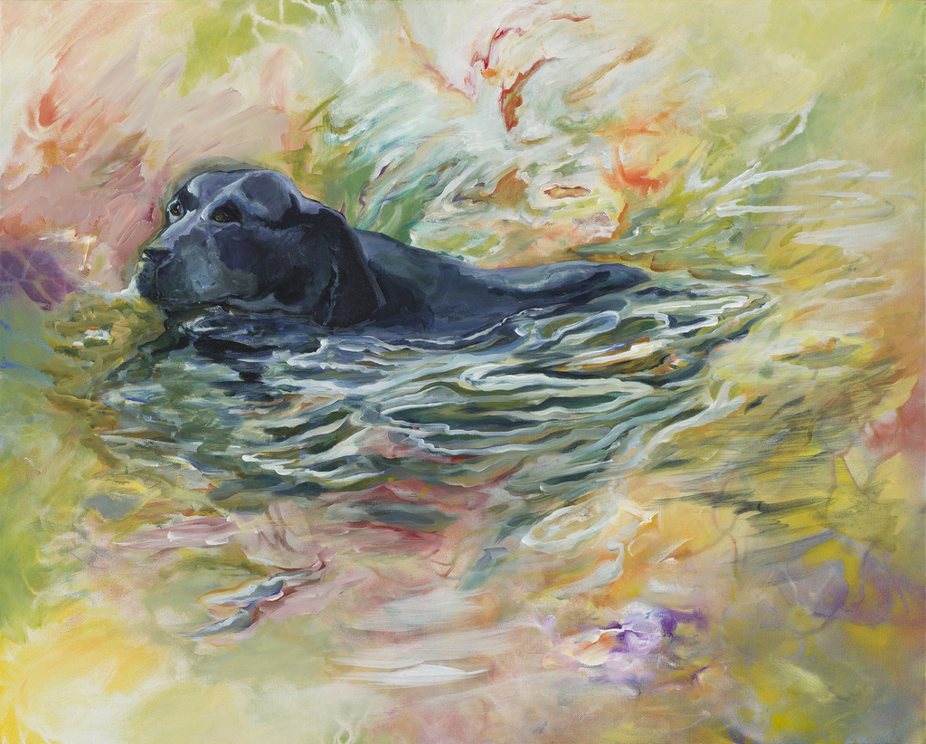 Painting of a black lab wading in water