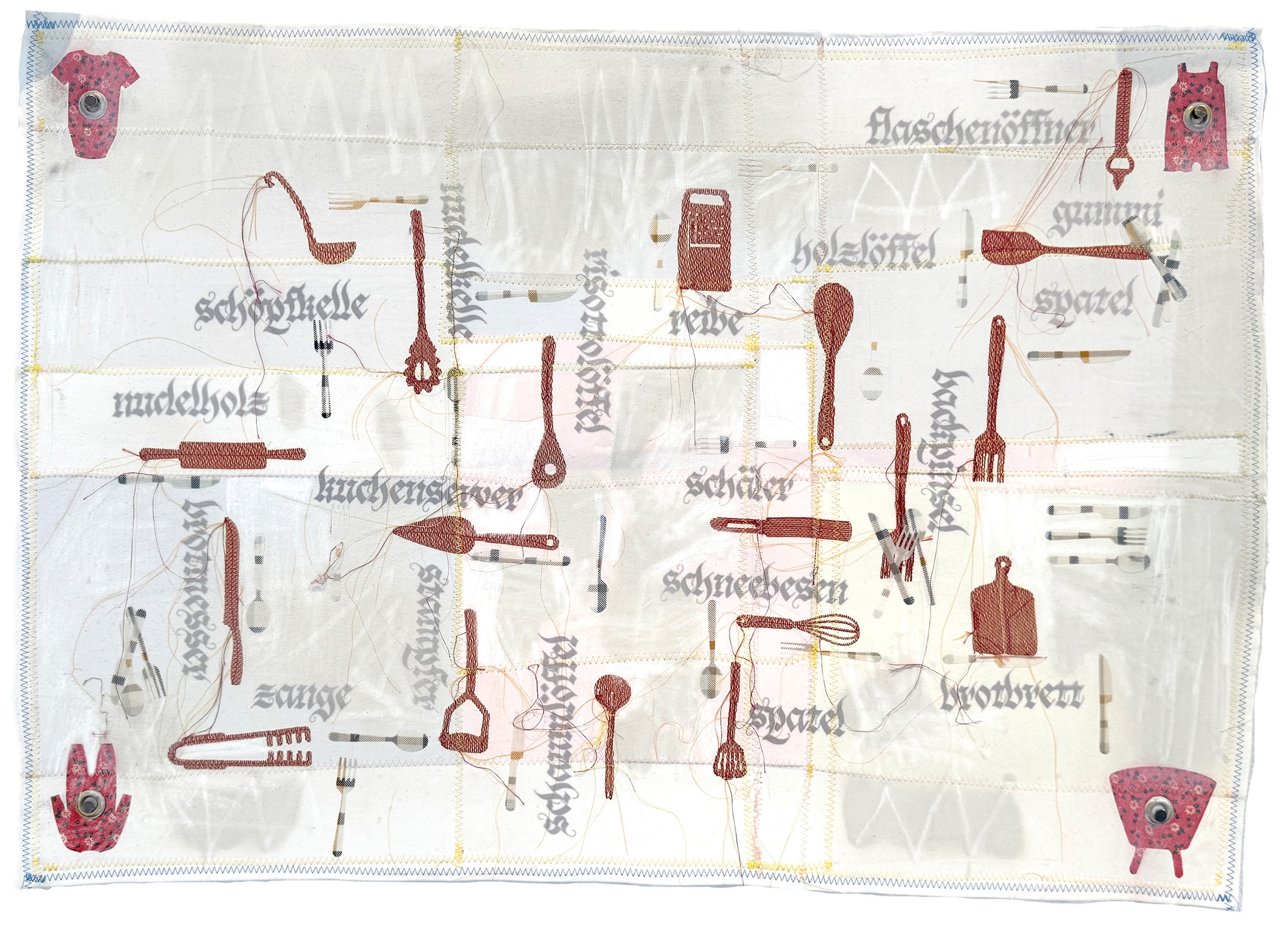 Textile embroidered with rolling pin, ladle, cheese grater and other kitchen implements with the German words for these implements in Gothic script nearby. In each corner of the textile is a small pink children's garment: a onesie, pajamas, a dress, a romper.