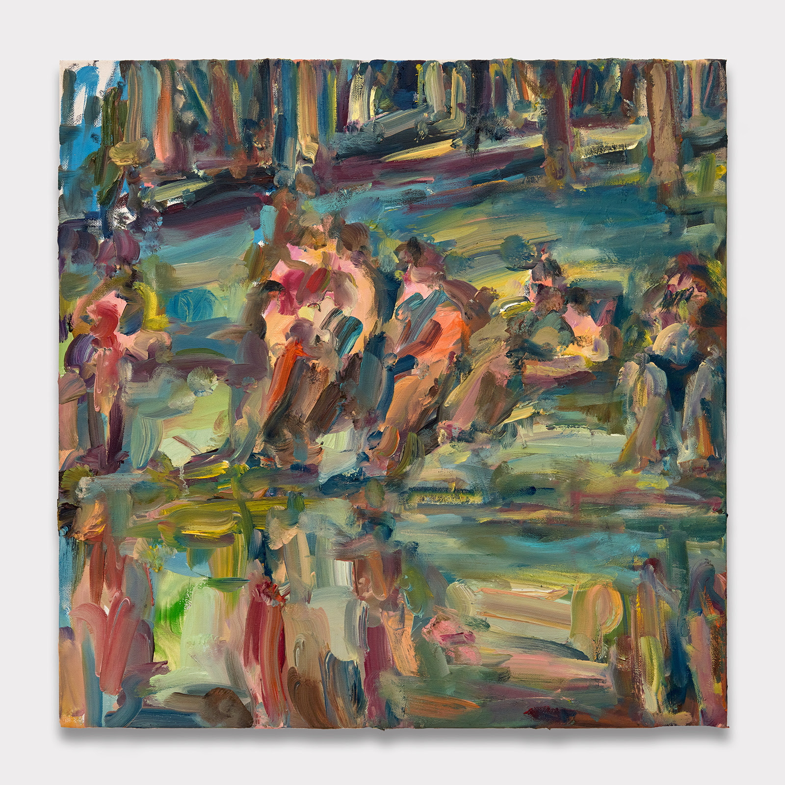 An abstract painting with loose, expressive brushwork evokes human figures gathered on a hill under a copse of trees.
