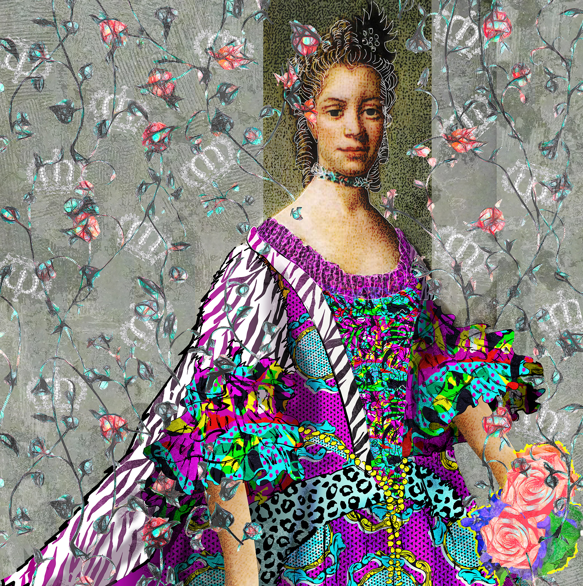 A portrait of the historical figure Queen Charlotte. She is dressed in a vibrant gown featuring zebra and cheetah print patterns. Her hair is outlined with white strokes. The background of the portrait features a drawing of red and teal rose vines, interspersed with white crowns. Large roses cover Queen Charlotte's hand.