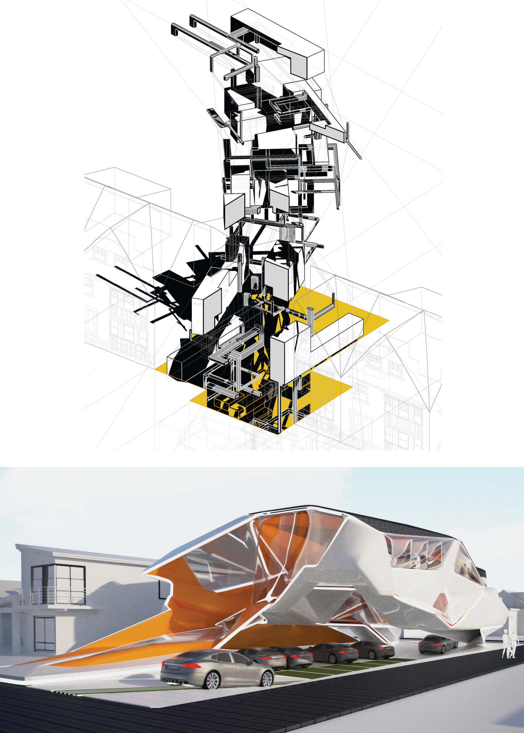 Two different architecture models. The first is the wireframe of a tower with black and yellow accents. The second is computer render of a house with an abstract shape and biomimetic structure.