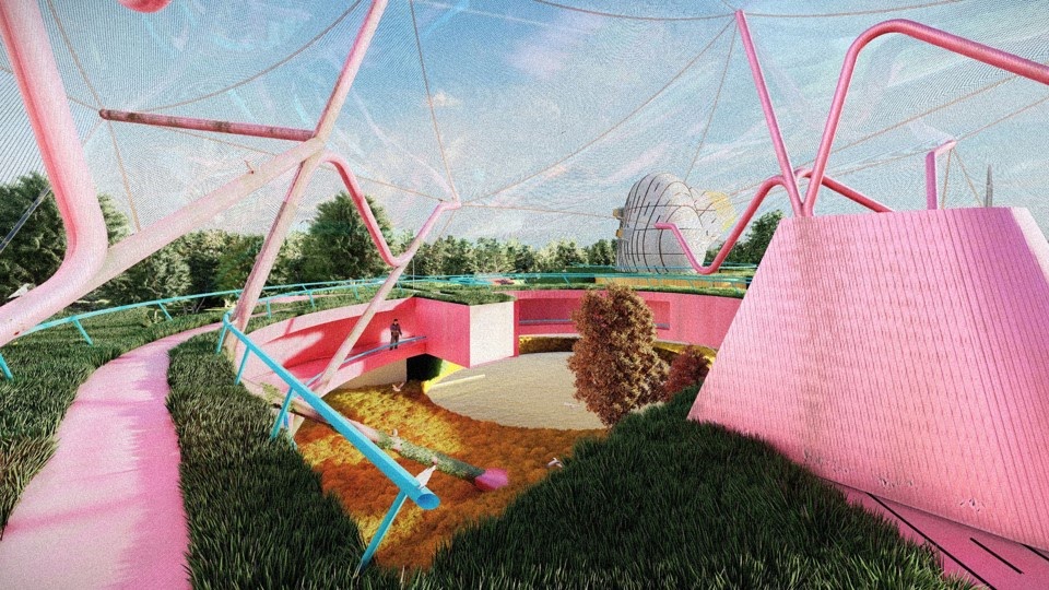 An architecture design render of a biodome containing biomimetic structures in pink surrounded by grass and other vegetation.