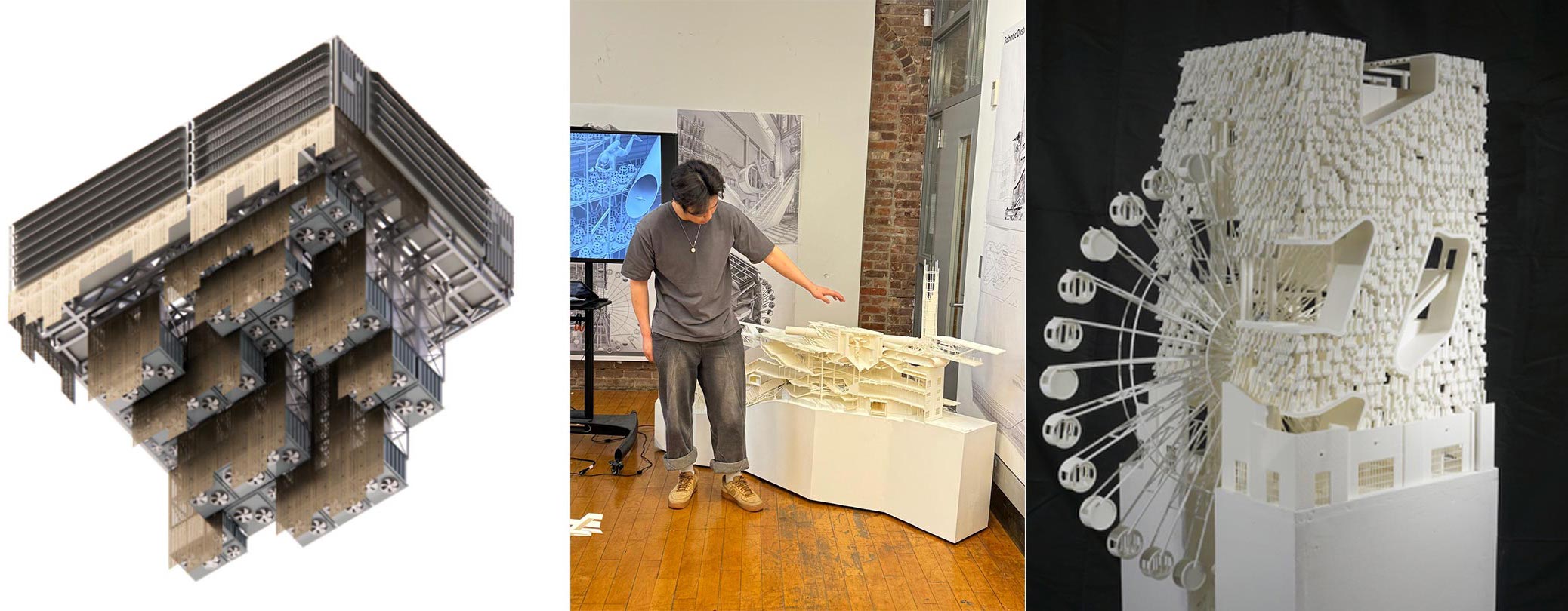 Composite image presenting three architectural representations side by side: an axonometric digital rendering of a modular building with exposed structure and mechanical systems, a student standing beside a detailed white sectional physical model during a studio presentation, and a sculptural white architectural model with a textured façade and radial mechanical or kinetic elements displayed on a pedestal.