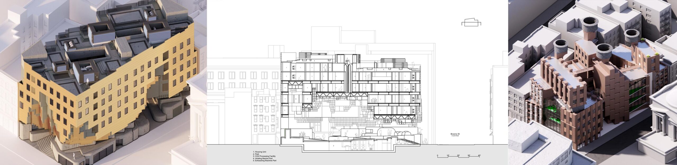 Composite architectural presentation image showing three aligned views: a yellow-clad isometric urban building with stepped massing and rooftop mechanical systems, a detailed sectional drawing illustrating housing units, structure, and mechanical infrastructure, and a brick-clad isometric complex with rooftop stacks and illuminated interior spaces within a city block context.