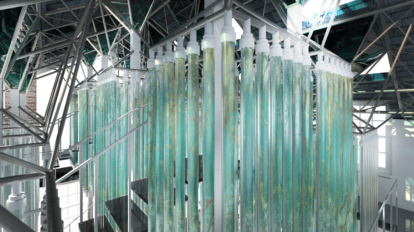 An architectural design in CAD with a stairwell surrounded by long hydroponics containers with seaweed growing inside.