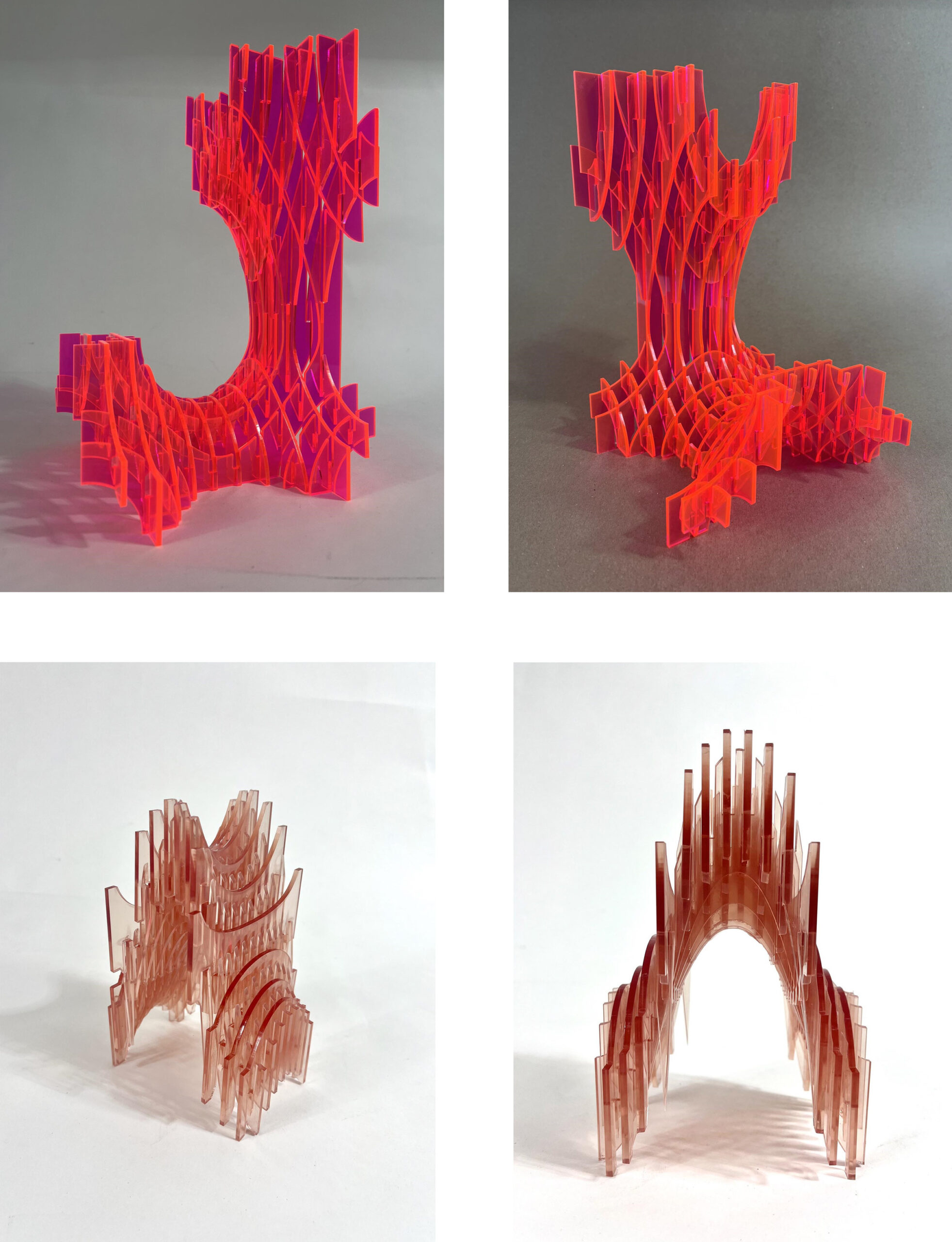 Two sets of two images of two different models. The top set is a bright, translucent red plastic looking object. It is L shaped. The second model is a translucent rose colored arch also made of connected pieces of plastic.