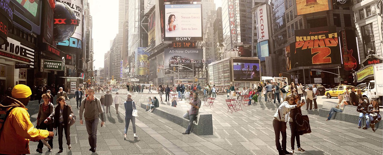 A render of Time Square with an urban planning driven redesign with no car lanes and more seating areas.