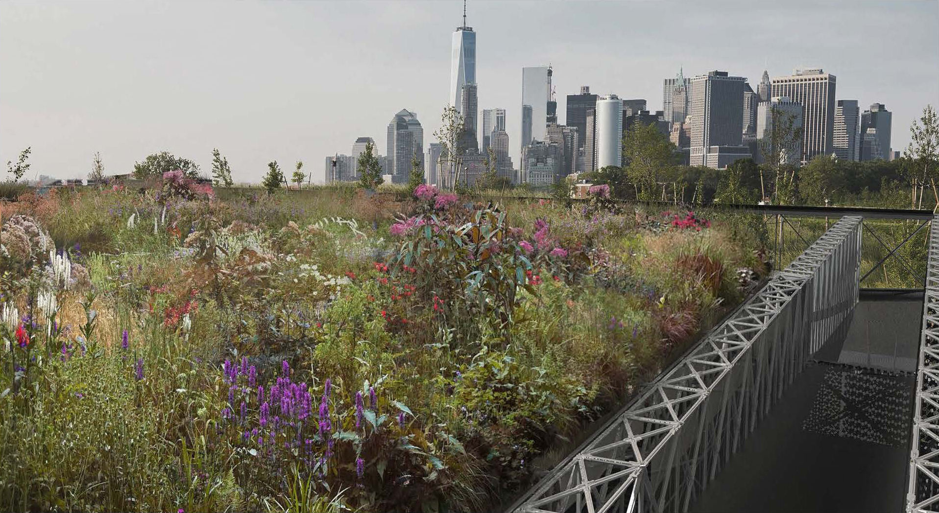 An image of the New York City Downtown skyline from an urban park with paths surrounded by foliage.