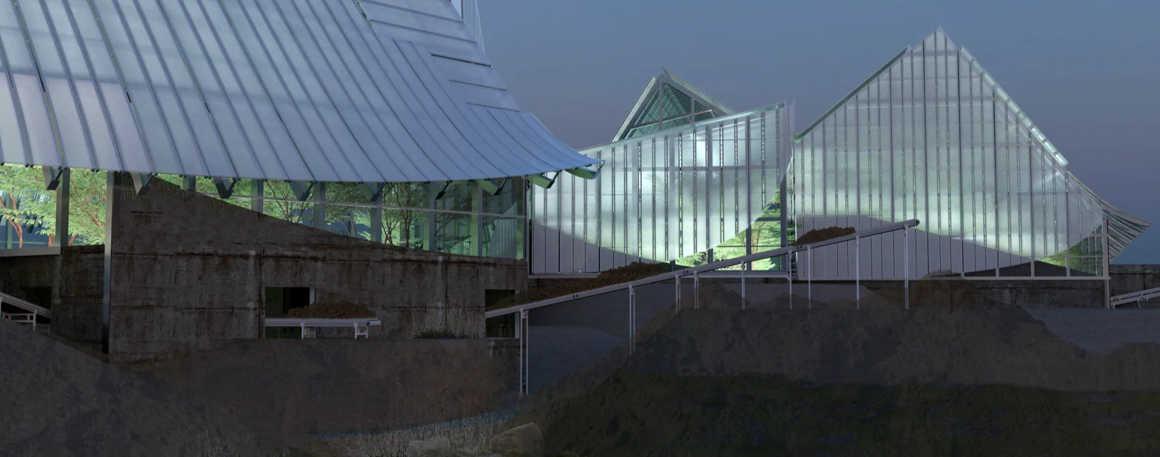 Evening architectural rendering of a series of modern greenhouse-like structures with curved, translucent facades and sharply angled rooflines. Soft interior lighting reveals trees and vegetation inside the buildings. The structures sit atop weathered concrete bases, with sloping terrain and mounds of earth in the foreground. The scene has a cool, atmospheric glow under a darkening sky.