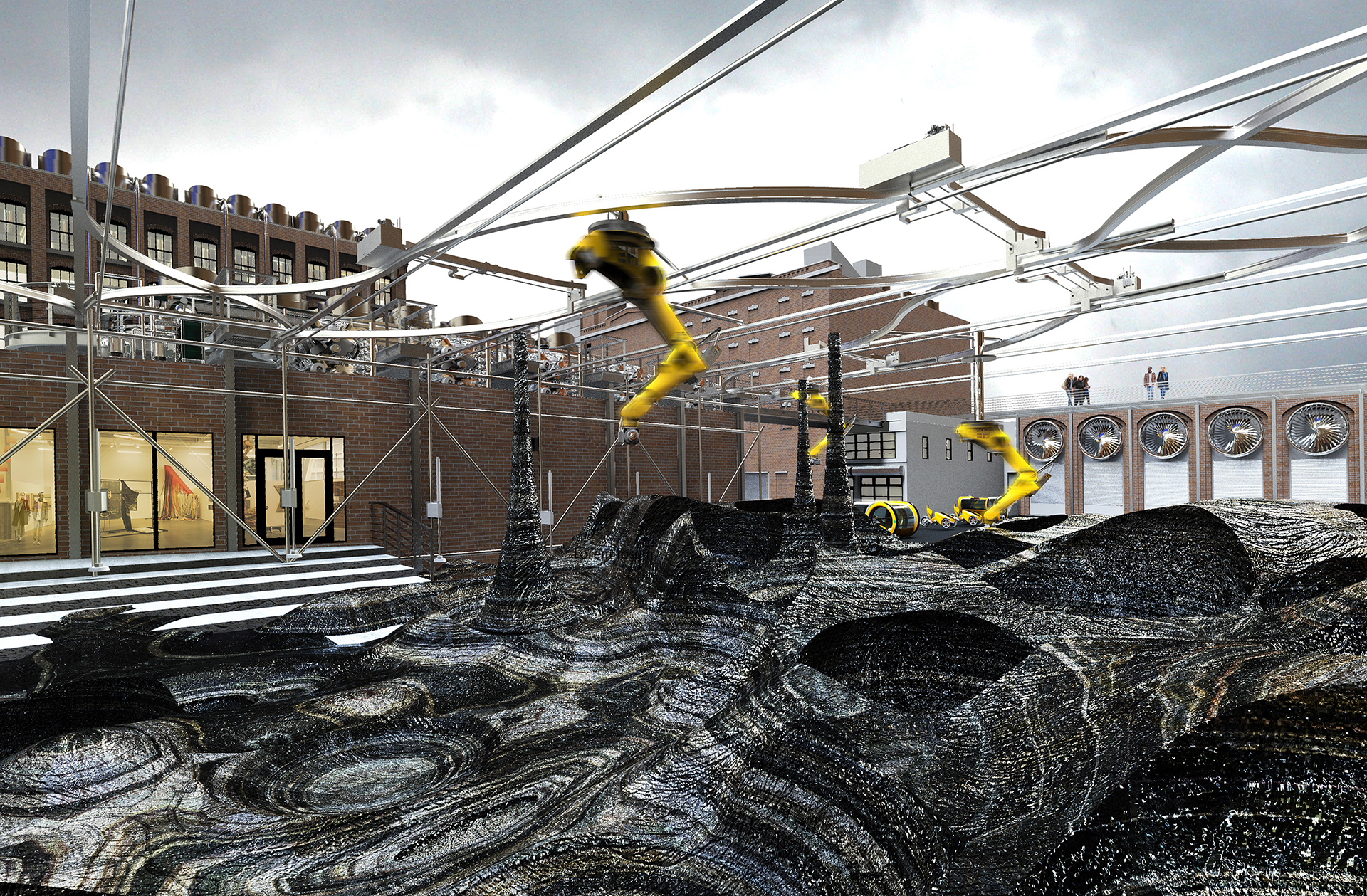 Undulating coal-gray surface of a street outside a brick building complex with metal beams suspended above and a pedestrian walkway in the background