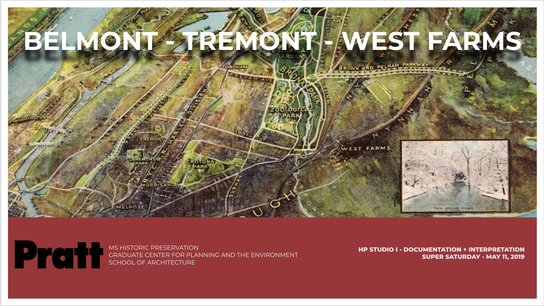 Cover page of presentation, with vintage map of harlem and the bronx