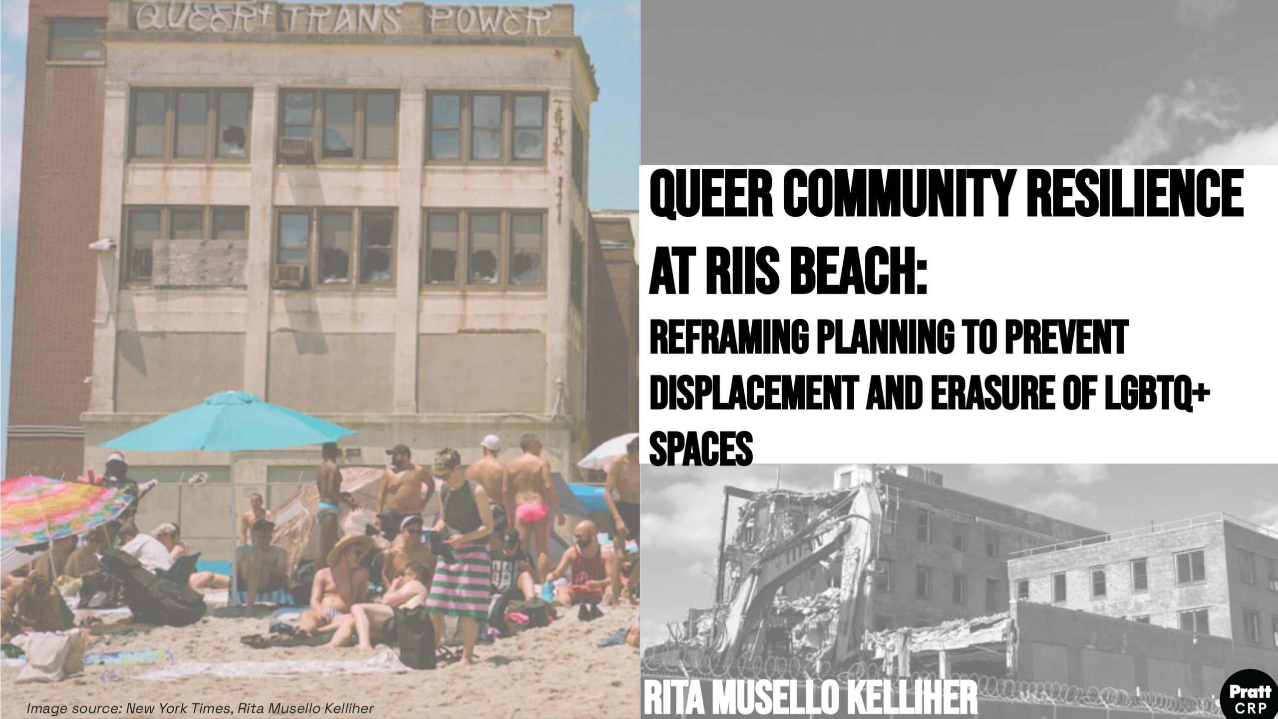 A diptych that shows on the left a photograph of people sitting on sand in front of a large dilapidated industrial building. Graffitied across the top of the building are the words, 