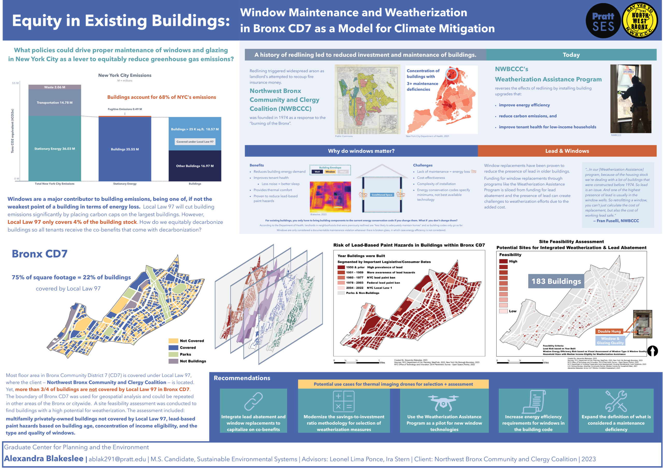 infographic for Equity in Existing Buildings: Window Maintenance and Weatherization in Bronx CD7 as a Model for Climate Mitigation, with graphs, maps, and diagrams of the project