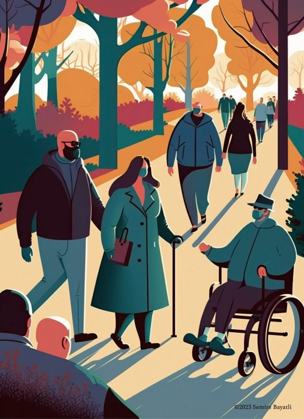 an illustration of people in a park. Some people are walking while another is in a wheelchair.