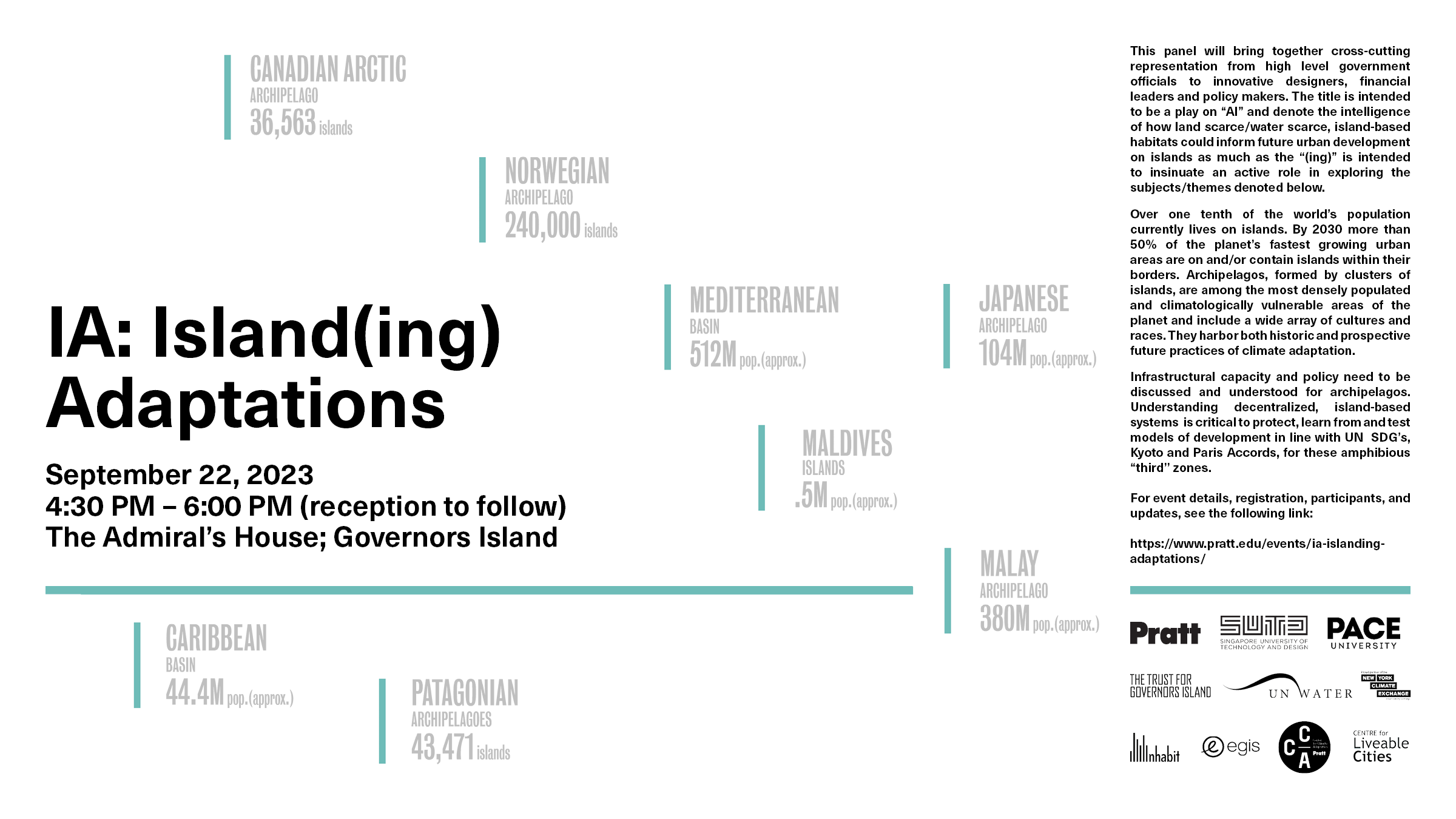 An infographic that lists the following items: Canadian Arctic, Archipelago, 36563 islands; Norwegian Archipelago, 24000 islands; Mediterranean Basin, 512M pop. (approx.); Japanese Archipelago, 104M pop. (approx.); Caribbean Basin, 44.4M pop. (approx.); Maldives Islands, .5M pop (approx.); Malay Archipelago, 380M pop. (approx.); Patagonian Archipelagoes 43471 islands. The graphic includes other information about the event which is also included on the event listing.