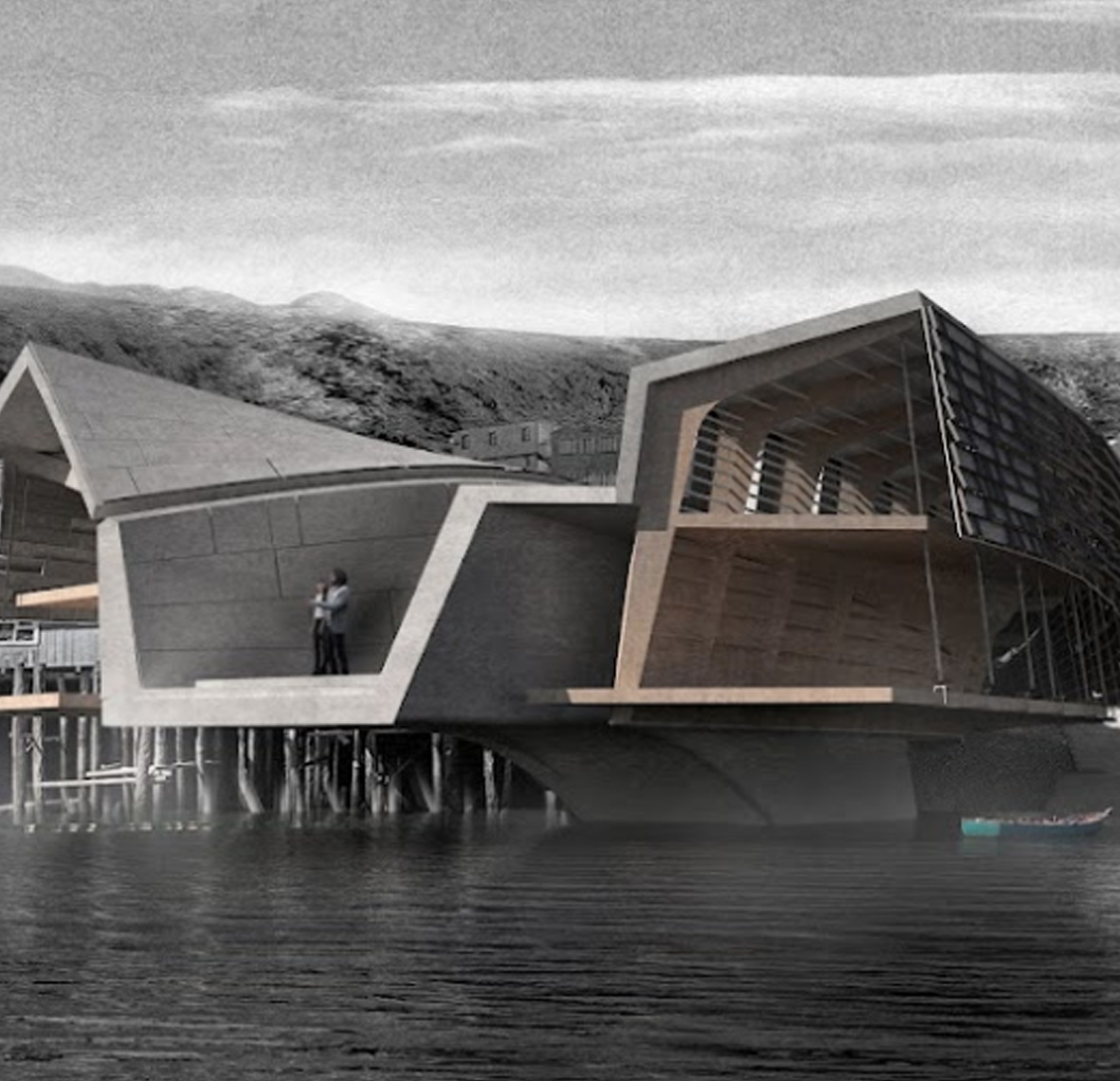 A architectural rendering where the viewer is looking towards land from a body of water. There are buildings that line the shoreline all on stilts. Some are clapboard while others are more contemporary in their designs.