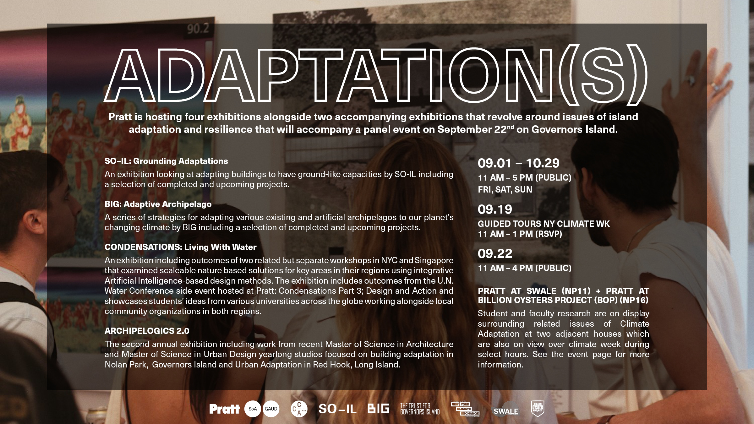 A poster for the Adaptation(s) exhibitions. There is content on the poster which is also included in the event description.