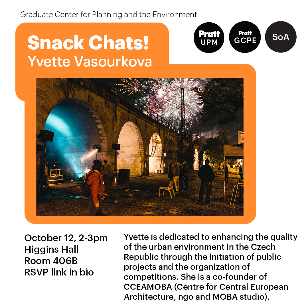 Poster for the Snack Chats event put on by the school of architecture. The events description and title are place on an orange background with a white outline.