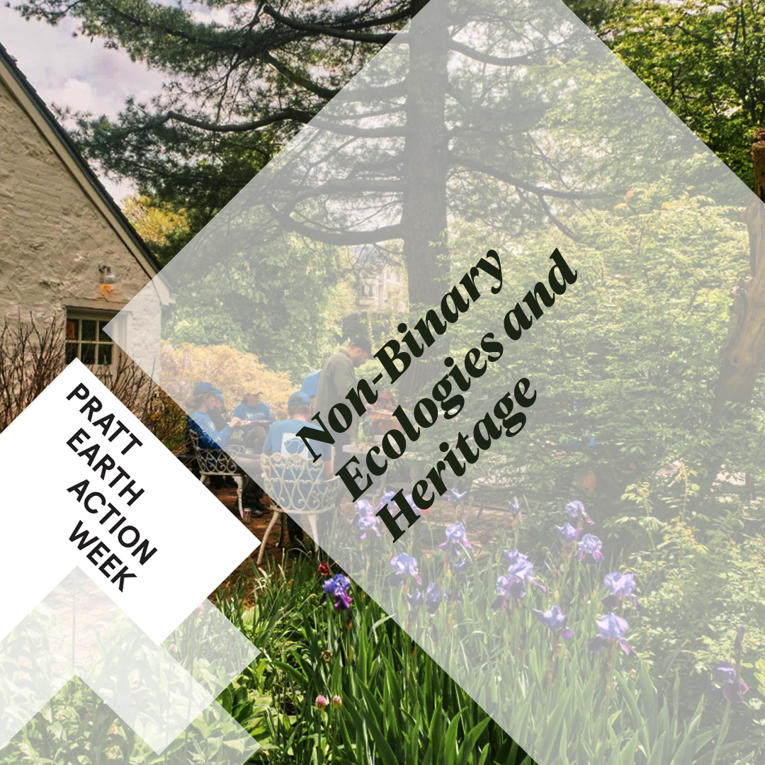 Image of the event poster, with the backdrop as the backyard house surrounded by lots of trees, a of volunteers sitting in the chair in the yard.