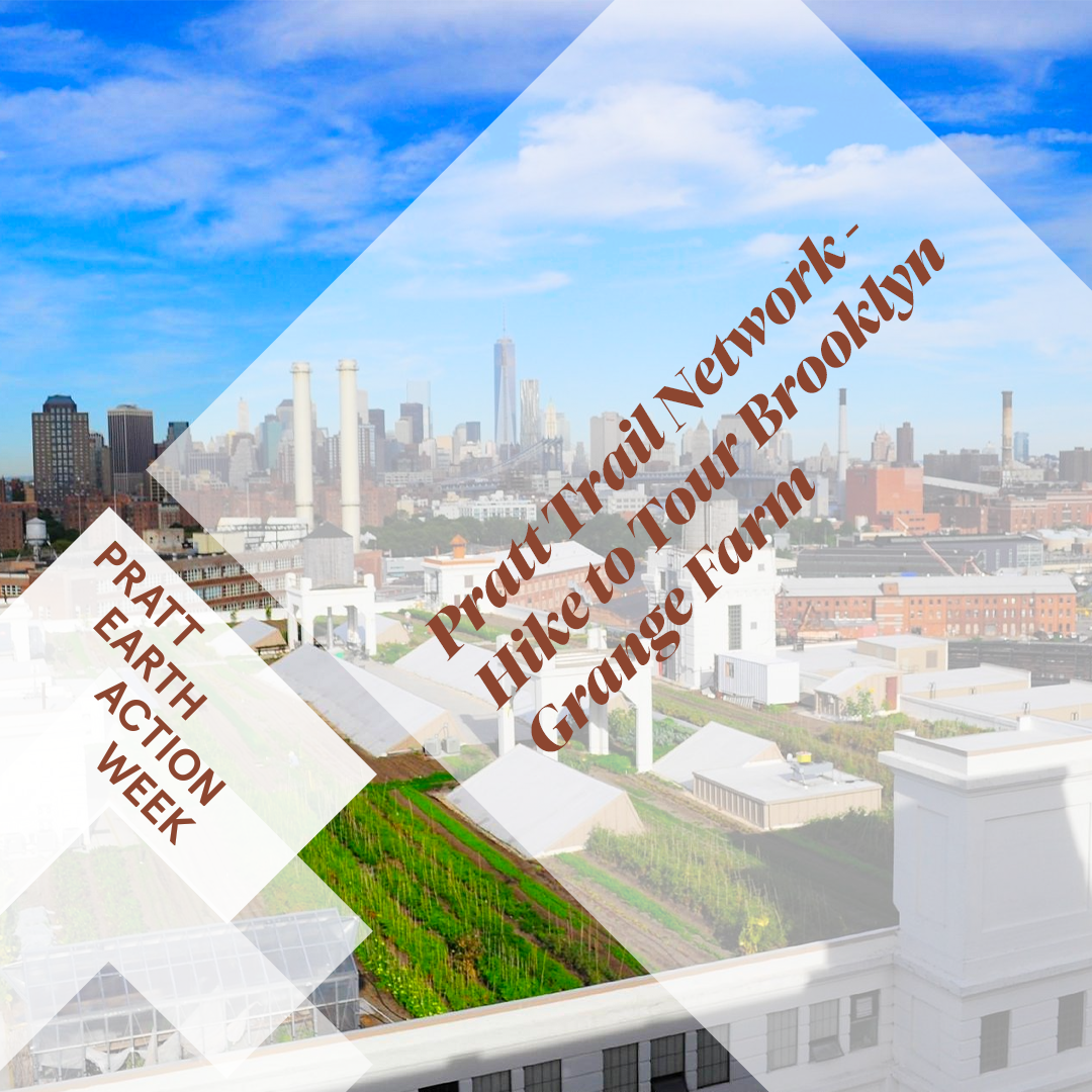 Image of the event poster, the backdrop being a picture of the Grange farm with a view of the manhattan skyline in the back.
