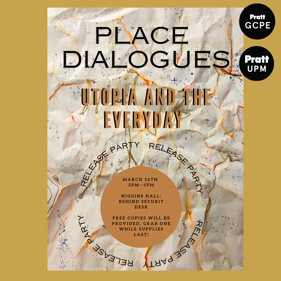 graphic of the cover for Place Dialogues IV, with a paper bag background, and event info in foreground