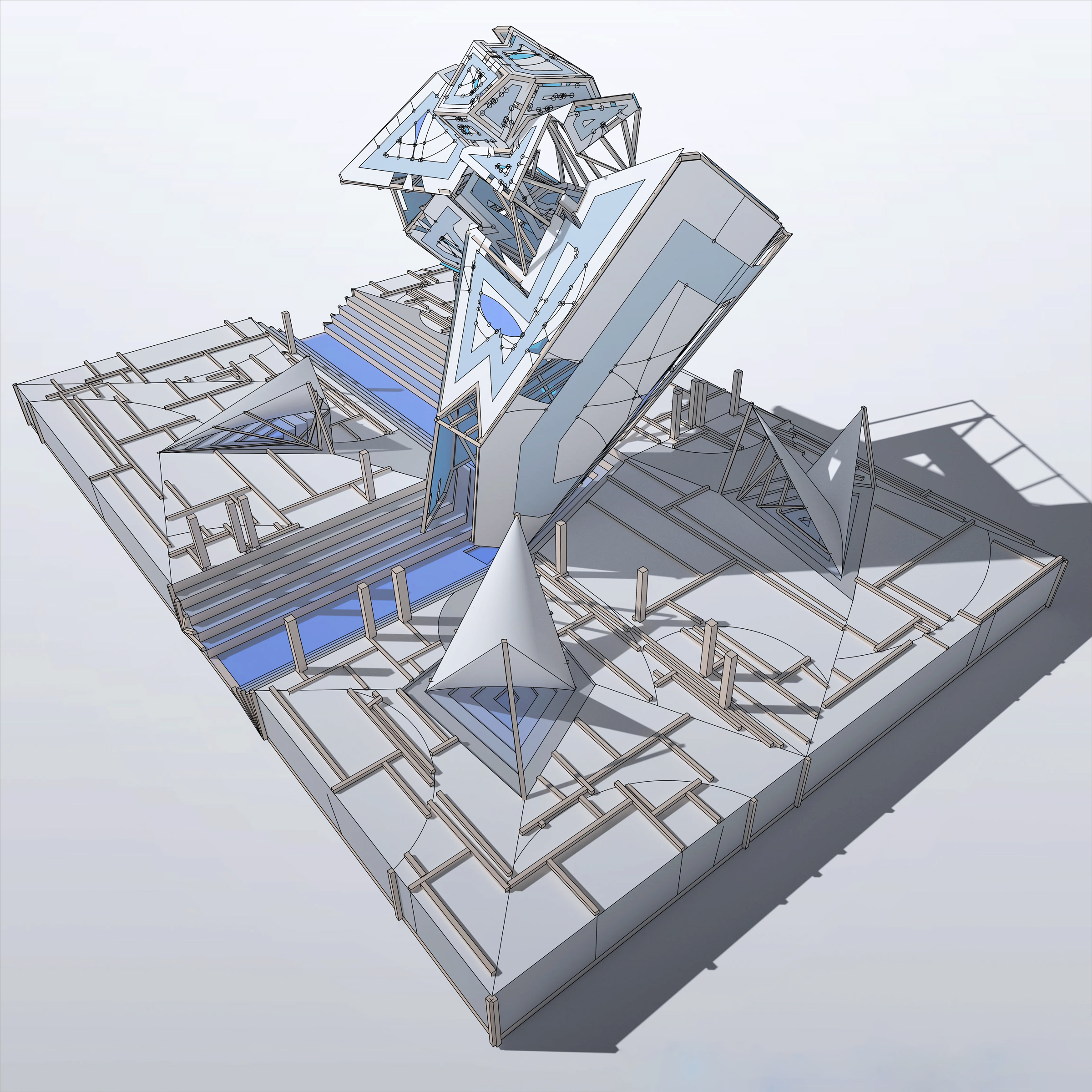 3D rendering of a building with stairs, pavilions, and a large element in the center