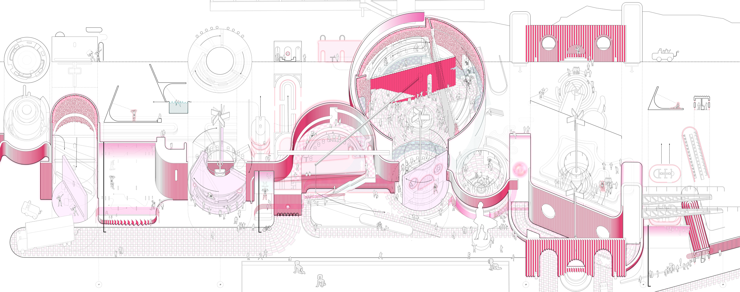 A schematic of a building showing rooms, pathways, and folks interacting.