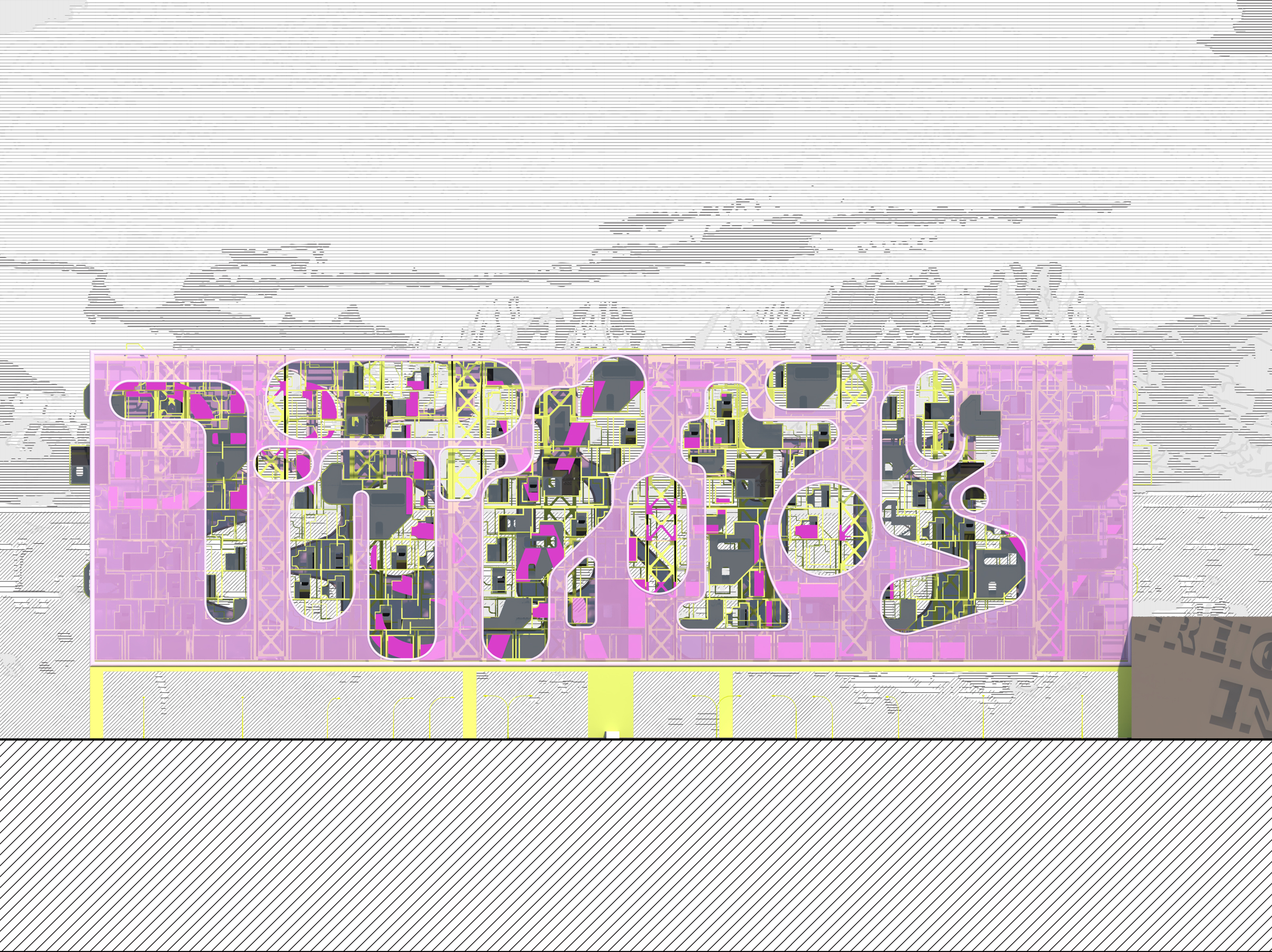 A rendering of building from the side. There are some cutouts to the exoskeleton of the building revealing some of the inner workings of the structure.