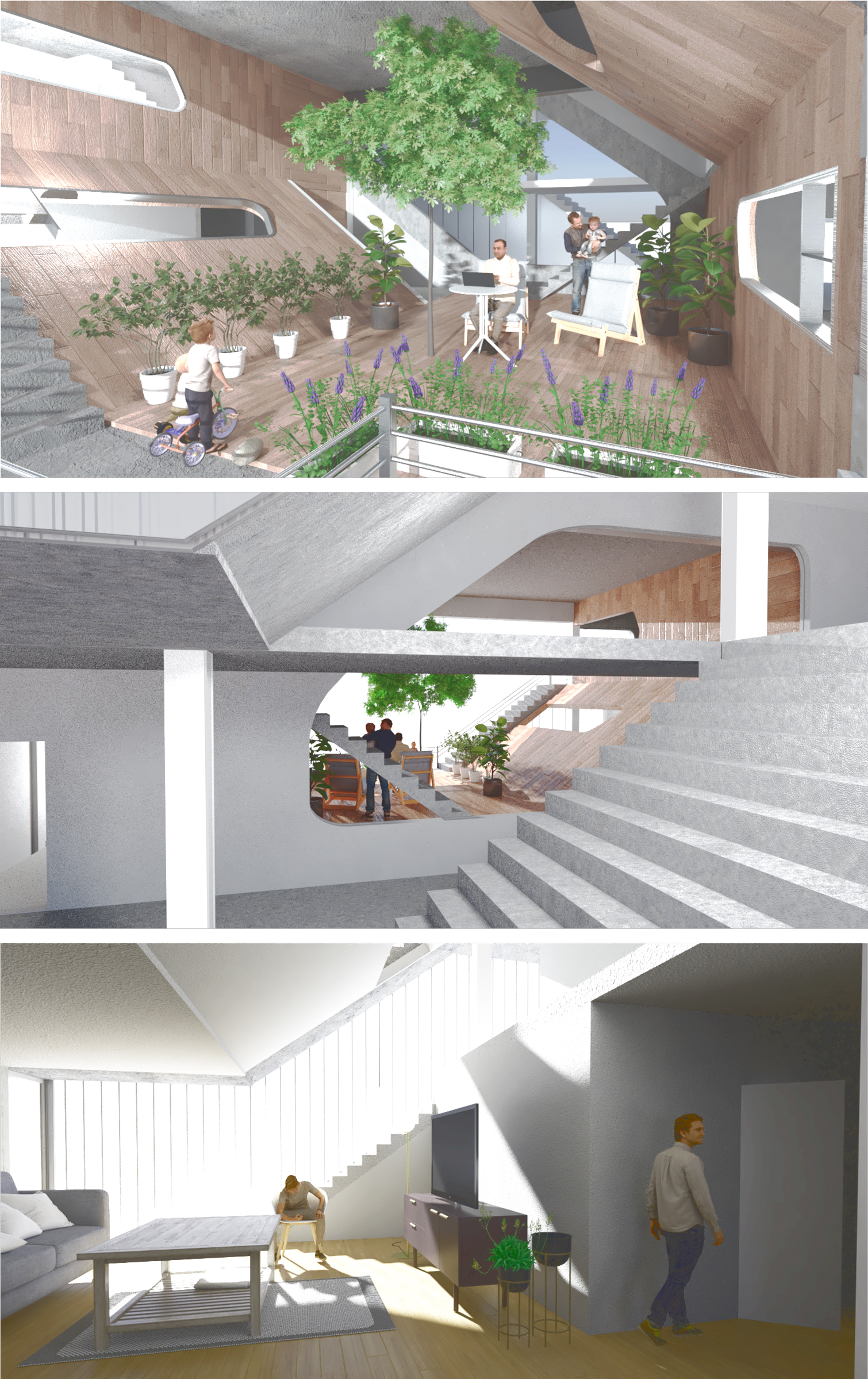 A triptych image that shows three rendered views of the interior of a building. There are potted plants and chairs in some public spaces where people are playing and working. Others show private spaces where people are sitting on chairs.