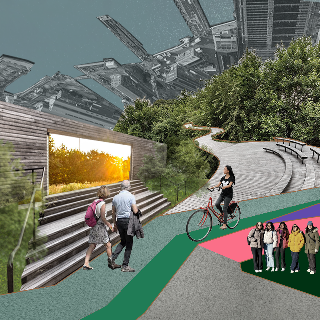 A digital collage created by students in GCPE's Spring 2024 studio research. It shows a big-screened auditorium in a public space along a path, with several people walking, cycling, and standing for a picture. The path disappears into some trees, with the background of a city's harbour.