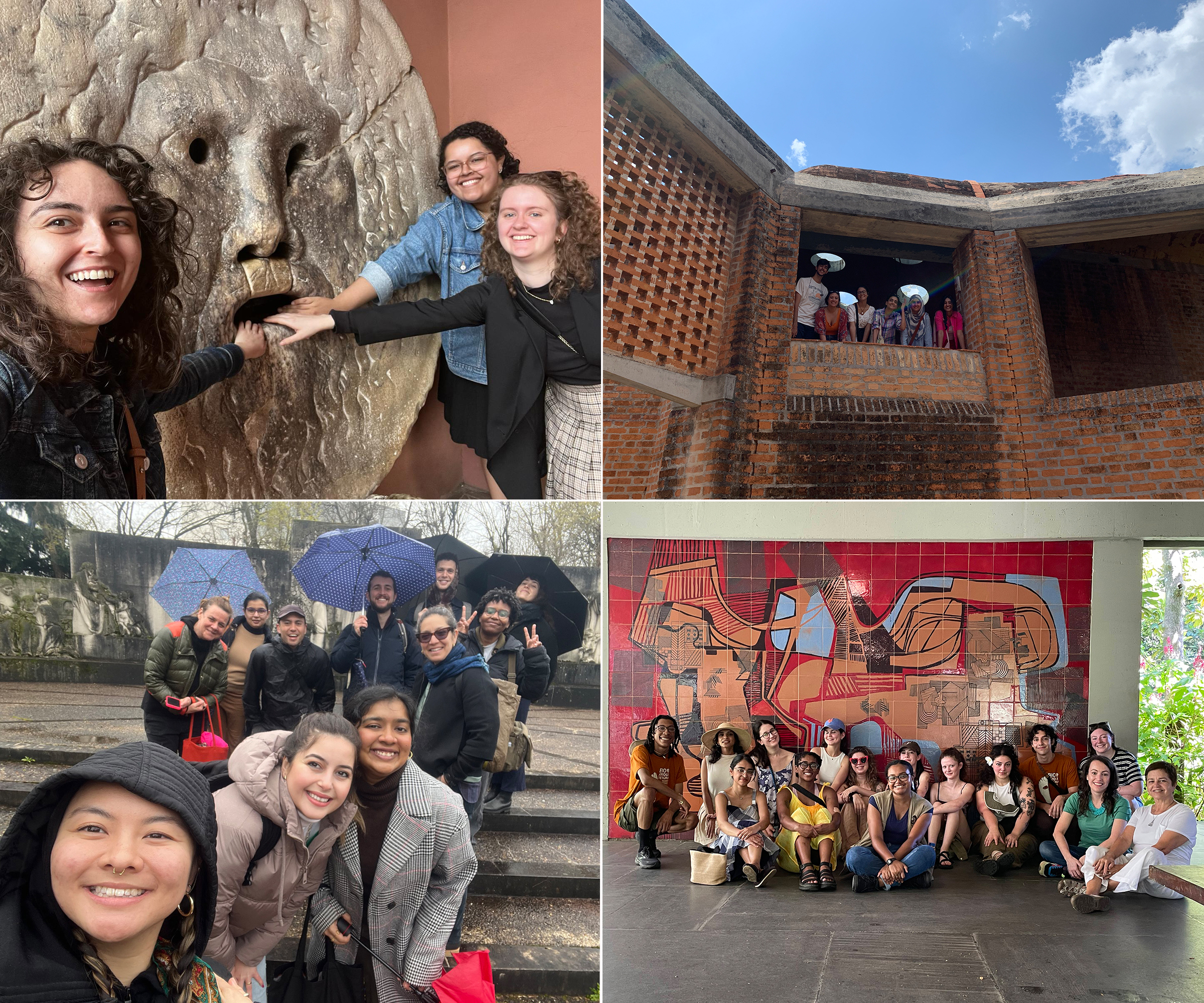 From L-R, top to bottom: Graduate students from the School of Information in Rome (photo by Francesca Strathern, MSLIS '24); Urban Placemaking and Urban and Community Planning students in Havana (photo by David Burney); Sustainable Environmental Systems students in Paris (photo by Elliott Maltby); Historic Preservation students at the Roberto Burle Marx Estate, a world heritage site near Rio de Janeiro