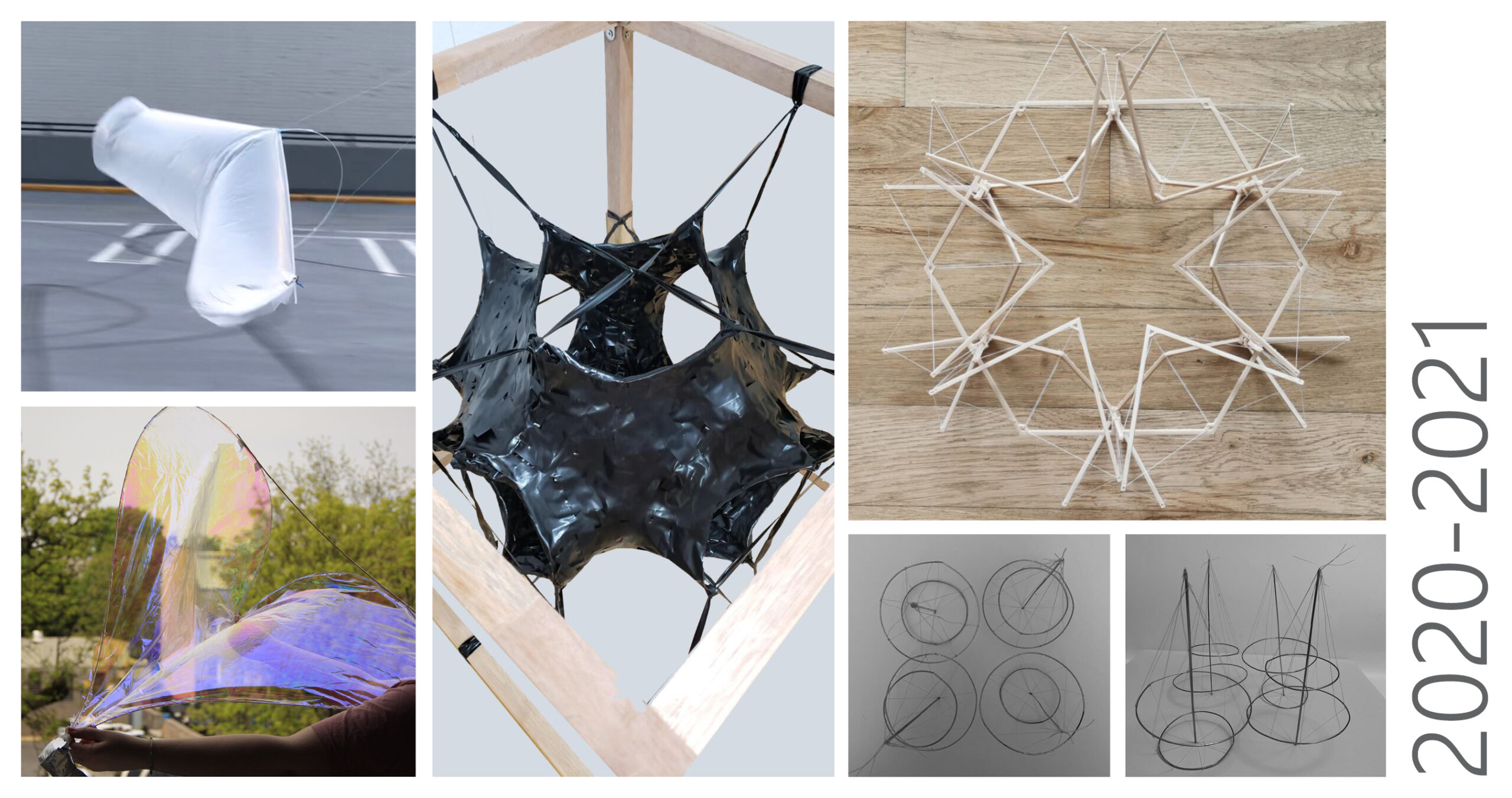 A collage of various sculptural works from Morphology Studios, featuring experimental structures and materials from 2020-2021. On the left, a white fabric sculpture floats mid-air, anchored by strings. Below it, a hand holds an iridescent sheet reflecting rainbow hues against a green landscape. In the center, a black plastic-like structure is suspended taut within a wooden frame. To the right, an intricate star-shaped geometric framework is constructed from interconnected wooden sticks and strings, displayed on a wooden floor. At the bottom right, two smaller images show circular wire frameworks with radial strings.