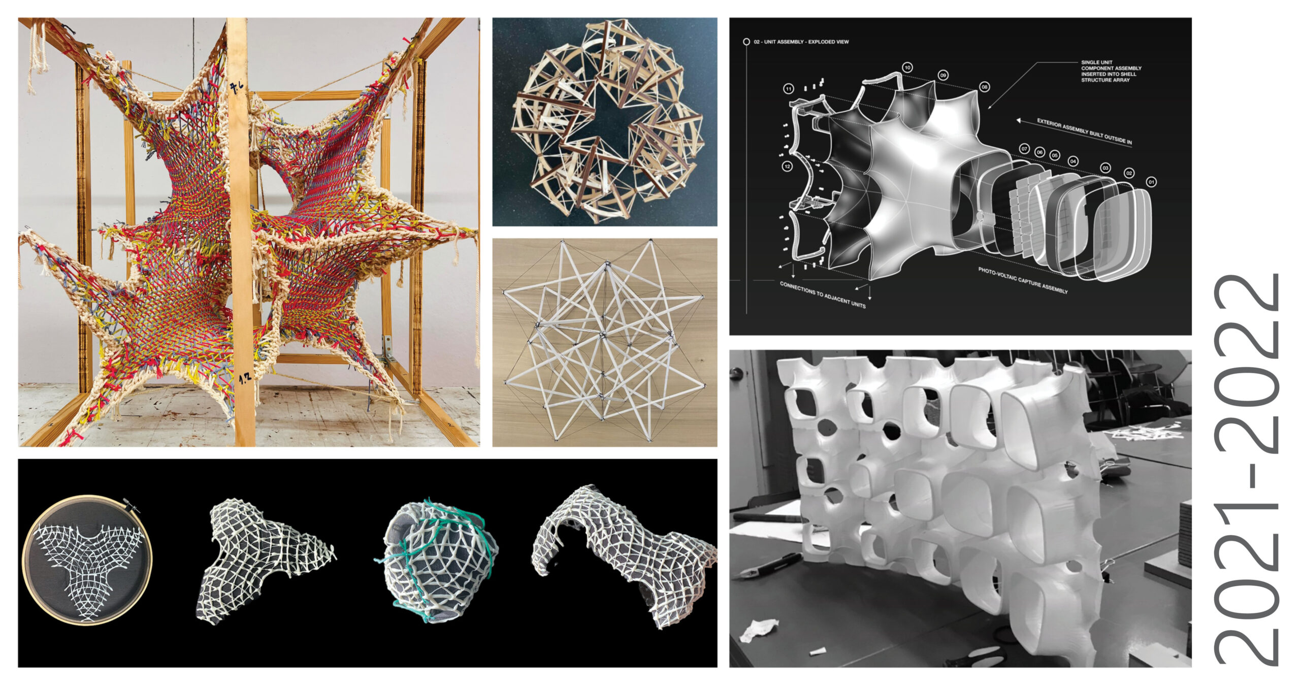 A visual collage showcasing Morphology Studios' work from 2021–2022, focused on fabric and modular systems. The main image on the left shows a colorful woven tensile structure suspended within a wooden frame. Other images display geometric wood frameworks, white 3D-printed modules, and black-and-white renderings of solar energy-capturing architectural forms. The bottom includes embroidered and netted fabric studies on black backgrounds. The year “2021–2022” is displayed vertically on the right.