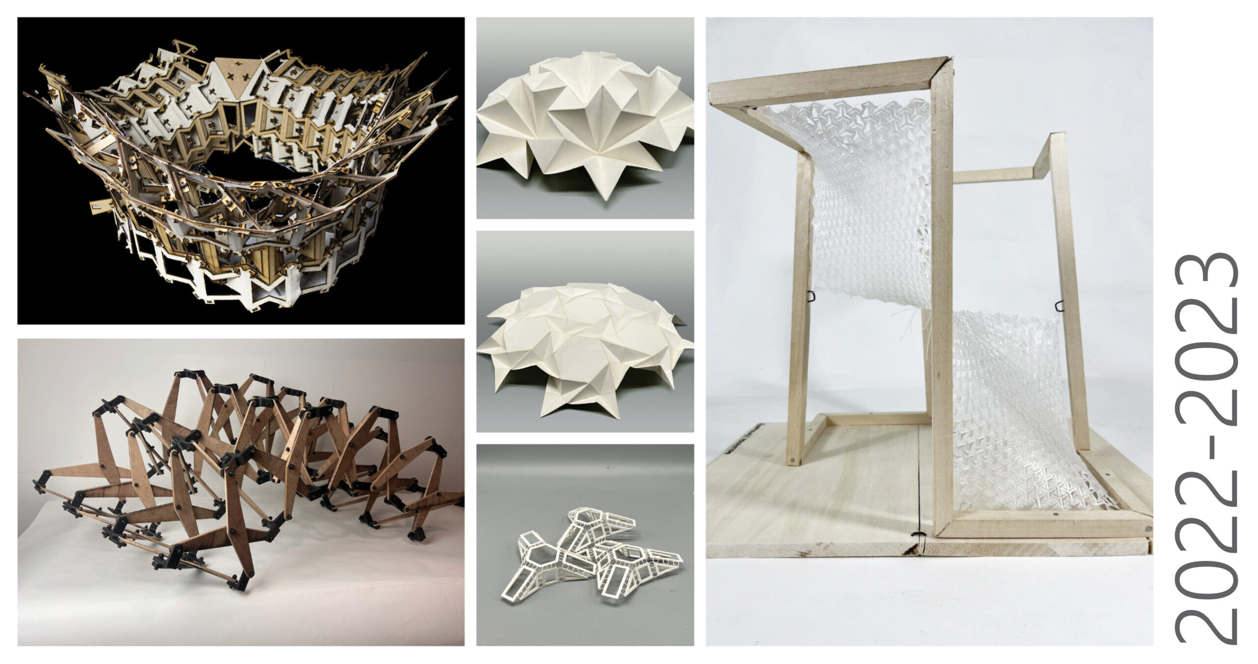 A collage of experimental architectural and structural models from Morphology Studios' 2022–2023 projects. The left column features a layered wood structure resembling a circular crown, a geometric origami-like paper model, and a kinetic wooden linkage system. The center column includes two white faceted dome structures and a set of modular components. The right side shows a sculptural mesh surface stretched between wooden frames. The text “2022–2023” appears vertically on the right.