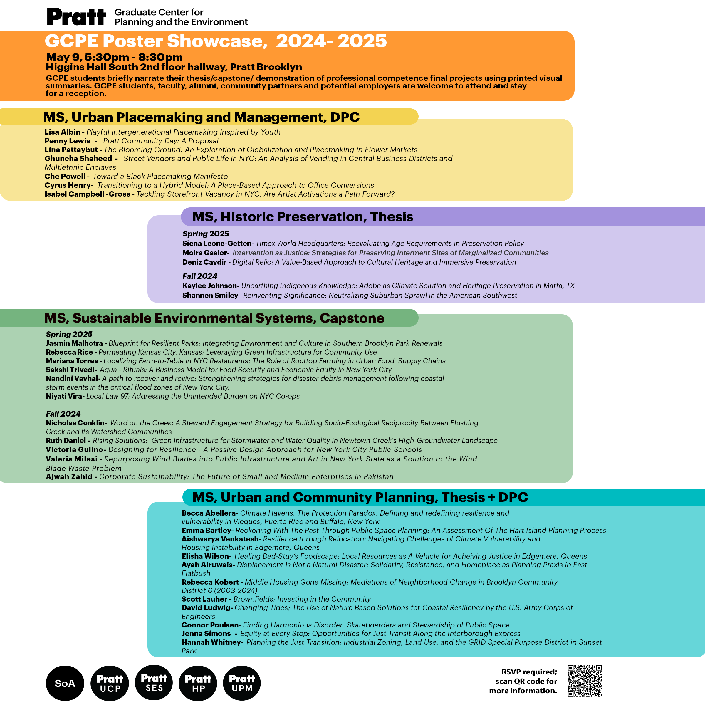 Event poster titled GCPE Poster Showcase, 2024-2025, with details about presenters from each program in School of Architecture.
