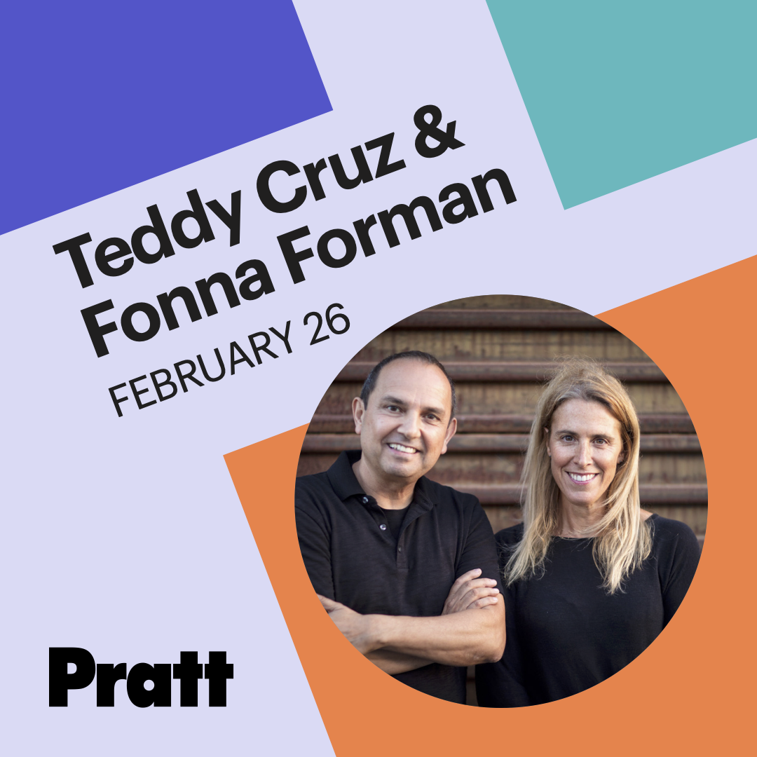 Wide square graphic banner with an oval portrait on the left showing two adults standing side by side with arms crossed, smiling in front of stone steps, and large bold black text on the right reading “Teddy Cruz & Fonna Forman,” set against a light lavender background with overlapping geometric shapes in purple, orange, and teal.