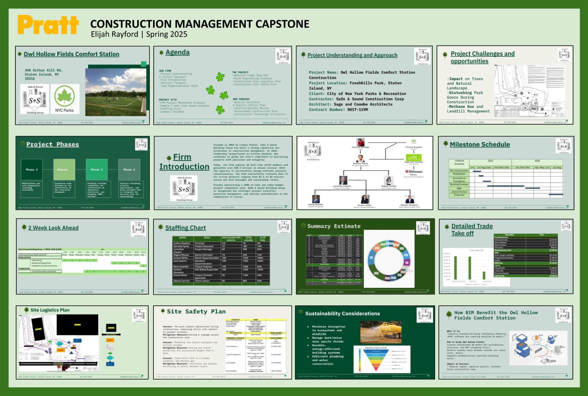 A presentation slide titled “Pratt Construction Management Capstone” for Spring 2025 by Elijah Rayford, containing project descriptions, schedules, organizational charts, and sustainability strategies for the Owl Hollow Fields Comfort Station.