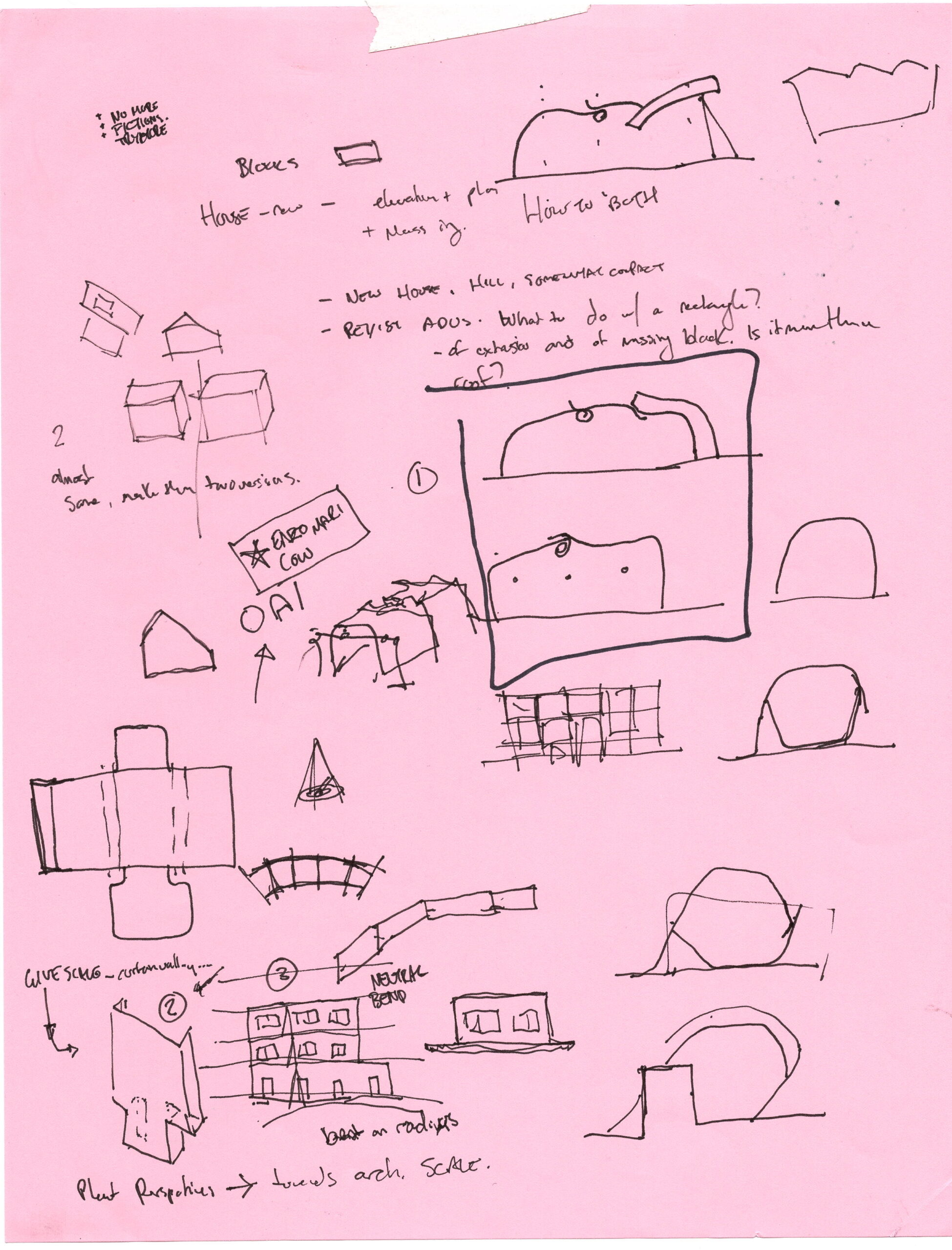 Pink sheet of paper filled with hand-drawn architectural sketches, diagrams, and handwritten notes in black ink, showing conceptual studies of building forms, arches, massing, sections, and spatial transitions, with rough annotations and exploratory linework indicating an early-stage design process.