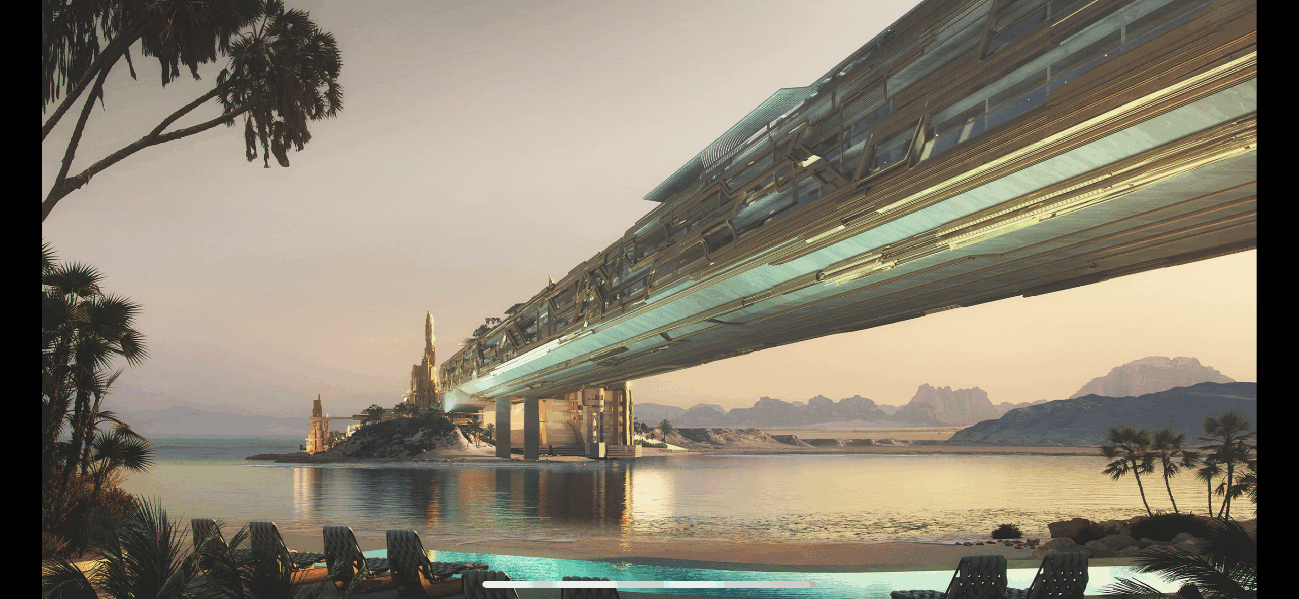 A futuristic, elevated train track spans over a serene body of water, connecting to a stylized building on a small island. The scene features palm trees and mountains in the background, with a soft, pastel sky reflecting evening light. The architectural design merges sleek, modern elements with natural surroundings, creating a harmonious blend of technology and nature.