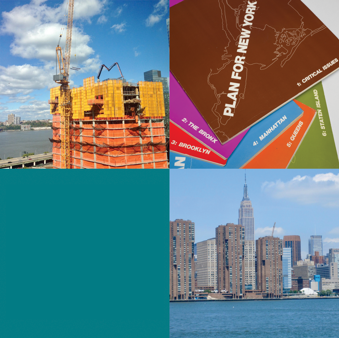 Four-panel collage featuring an upper-left photograph of a high-rise building under construction with a yellow crane and orange safety netting beside a river, an upper-right close-up of colorful stacked booklets titled “Plan for New York” labeled by boroughs, a solid teal color block in the lower-left quadrant, and a lower-right photograph of the Manhattan skyline with the Empire State Building rising above waterfront residential towers under a clear blue sky.