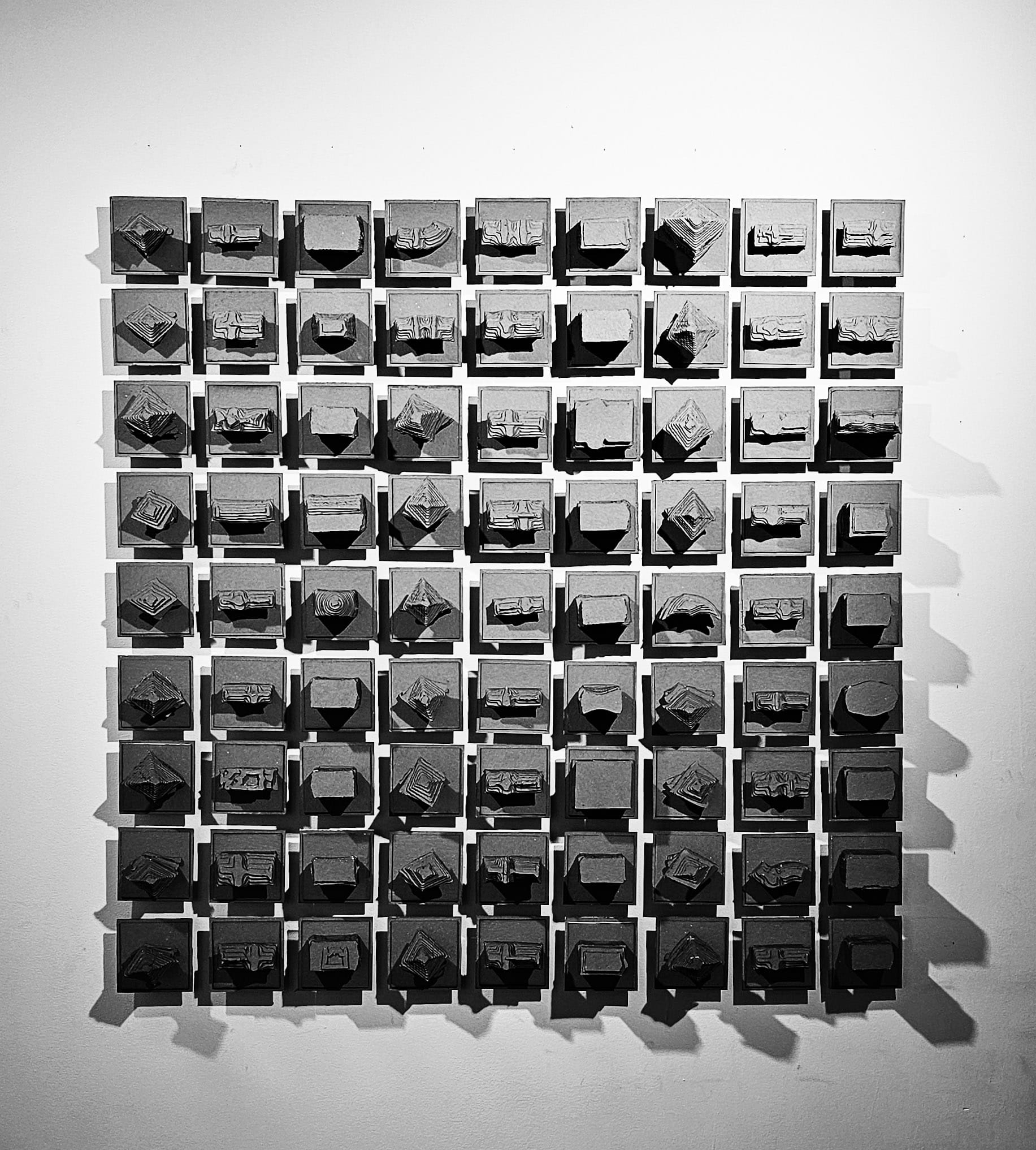 A dramatic black and white photo shows a nine by nine grid of small models mounted on a white wall, casting dark shadows. These physical models are variations on forms that are digitally generated by using text-to-point cloud prompts and artificial intelligence.