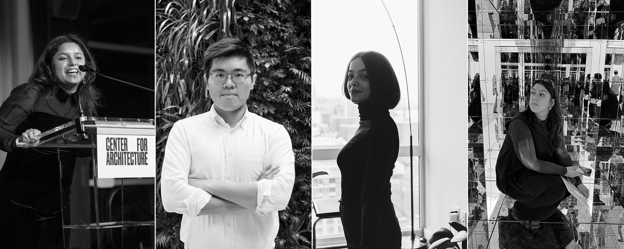 Four black-and-white portraits of individuals: on the left, a woman with wavy hair speaks at a podium labeled "CENTER FOR ARCHITECTURE"; next, a man with glasses stands with arms crossed against a background of greenery; then a woman in a black turtleneck poses in profile near a sunlit window; and lastly, a woman squats in a reflective space, looking thoughtfully away while holding a phone.
