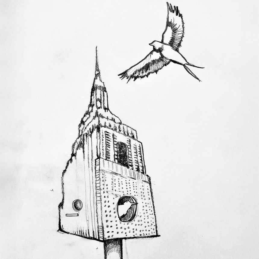 Charcoal drawing of a bird in flight over an occupied bird house in the style of a NYC building.