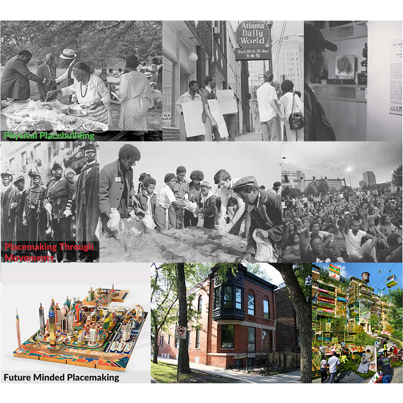 Photo montage from Che Powell's 2025 DPC presentation depicting physical place building, placemaking through movement, and future minded placemaking in Black communities.